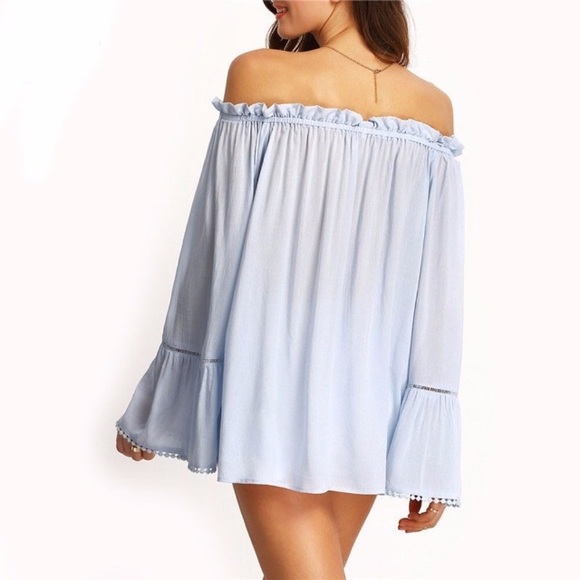 Off Shoulder Bell Sleeve Crochet Trim Ruffle Top - Picture 3 of 7